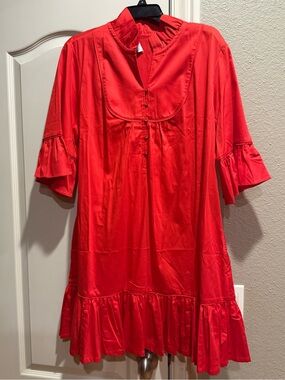 NWOT S’edge Red Erin Dress- Lined, Pockets, and Ruffle hem, sleeve, and collar